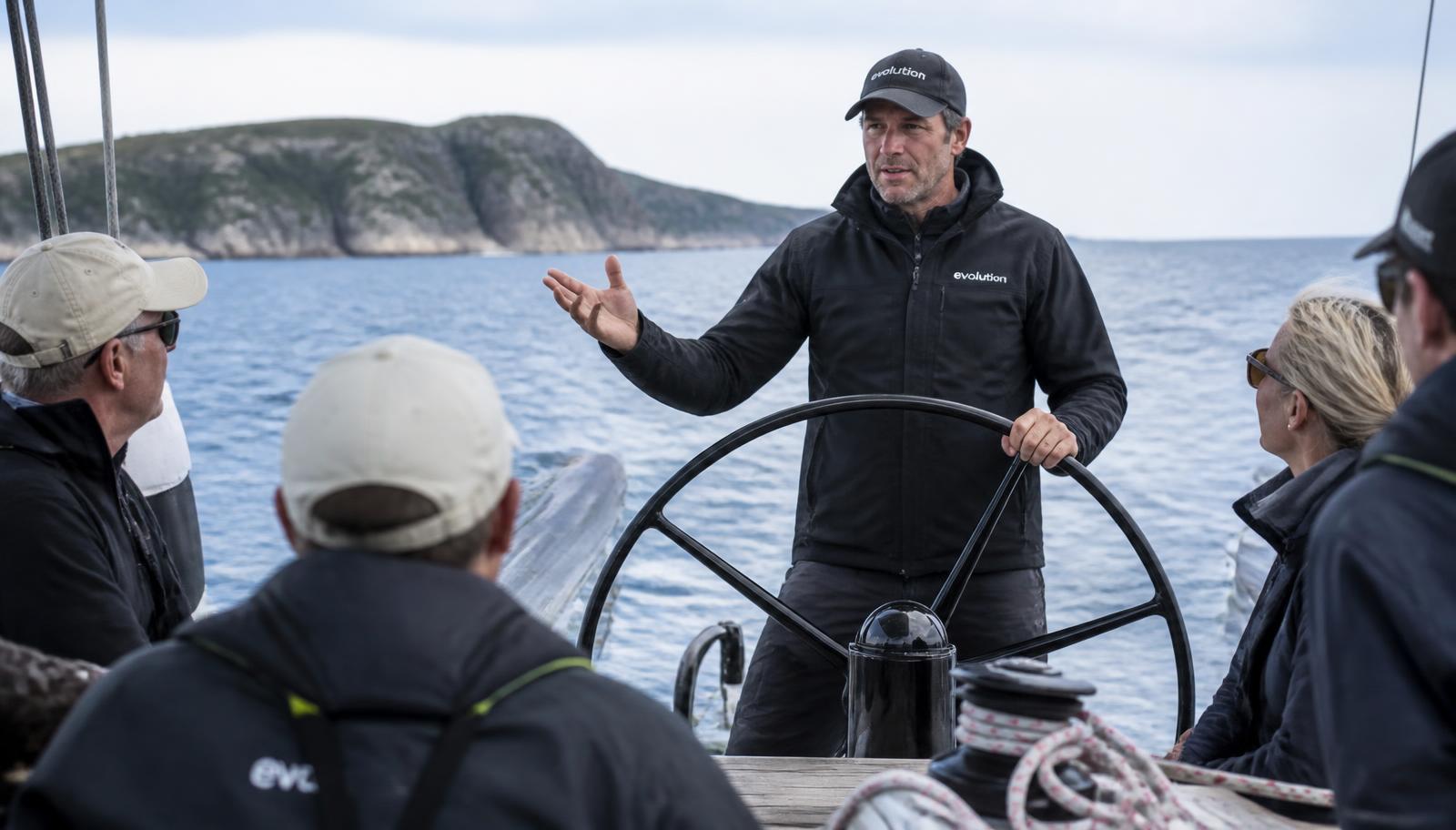 Skipper professionnel à la barre expliquant la navigation à ses équipiers